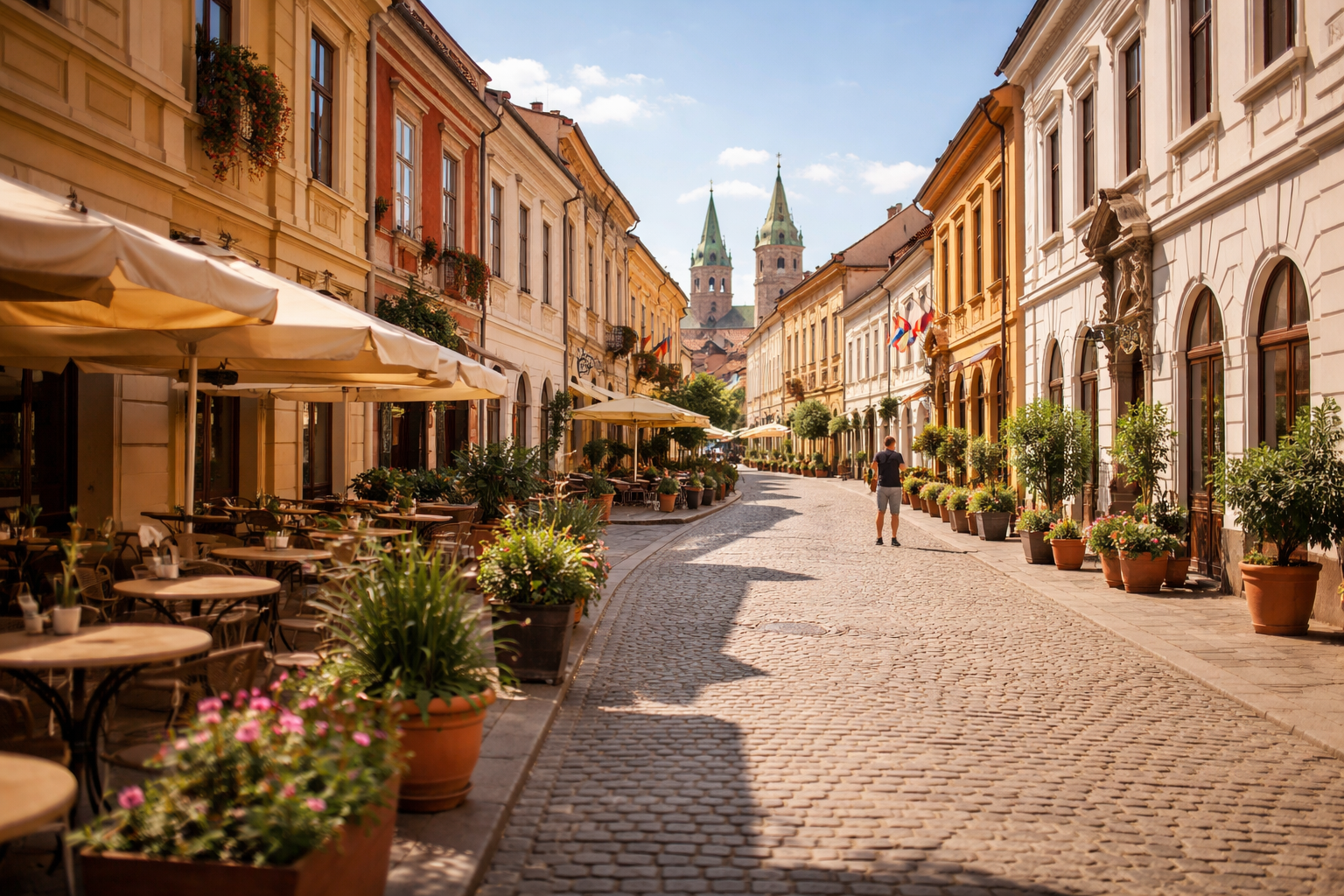 רחובות העיר פץ’ עם תיירים ברקע ואווירת דרום אירופה