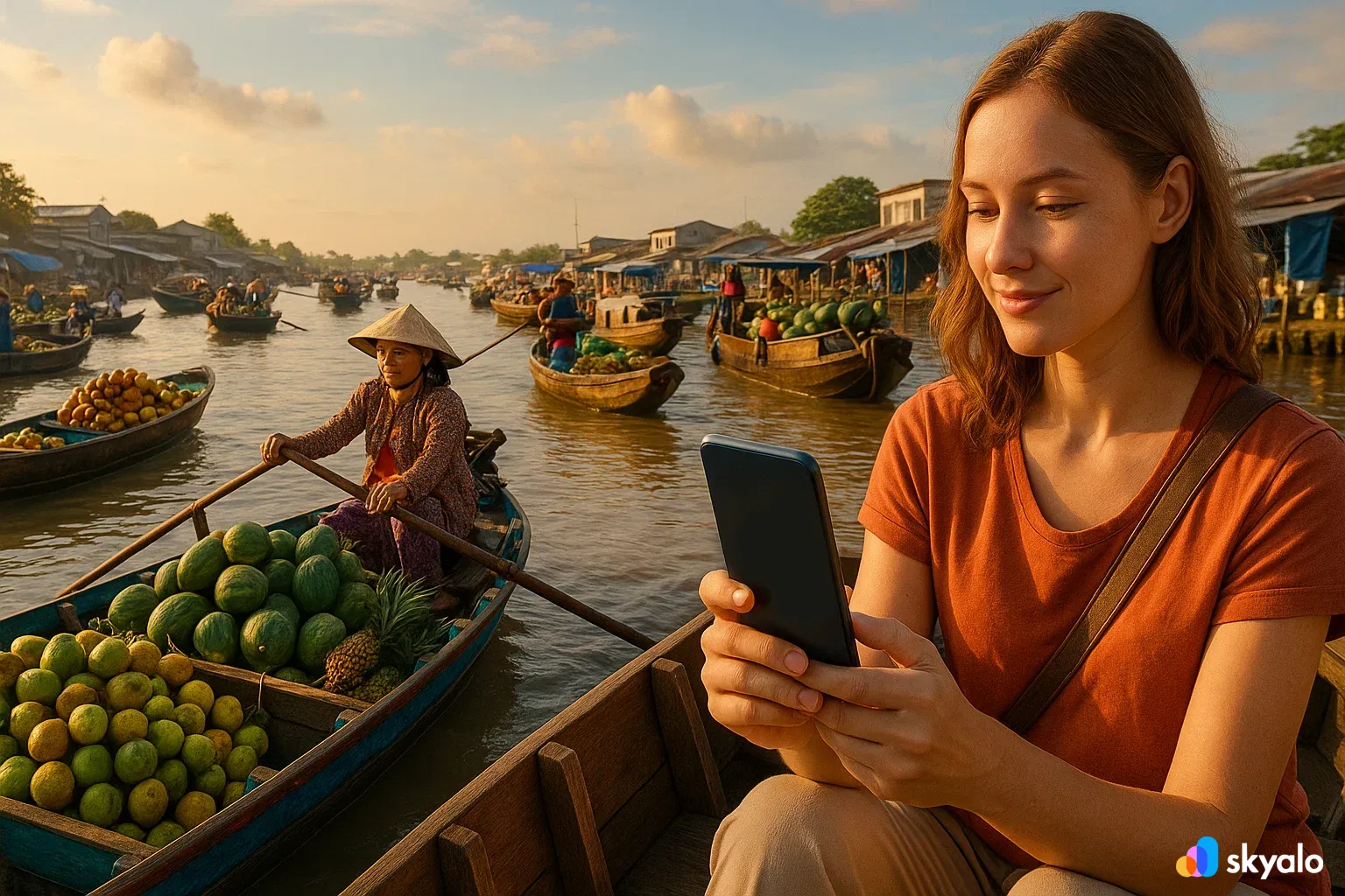 Floating market in the Mekong Delta, traveler with eSIM sending photos of exotic fruits