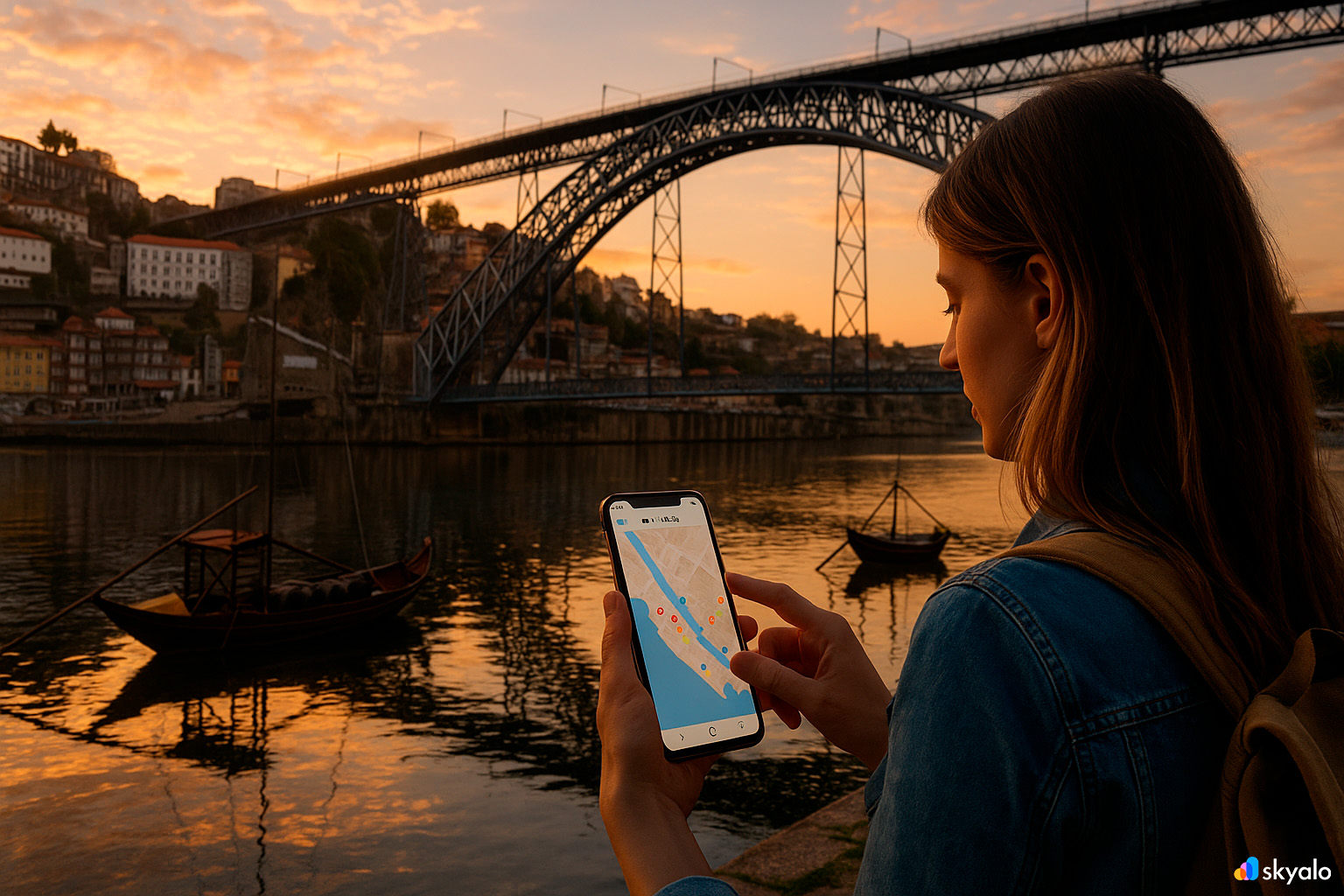 Woman by the Dom Luís I Bridge and Ribeira quay; wine-cellar map on her phone, boats floating in golden water