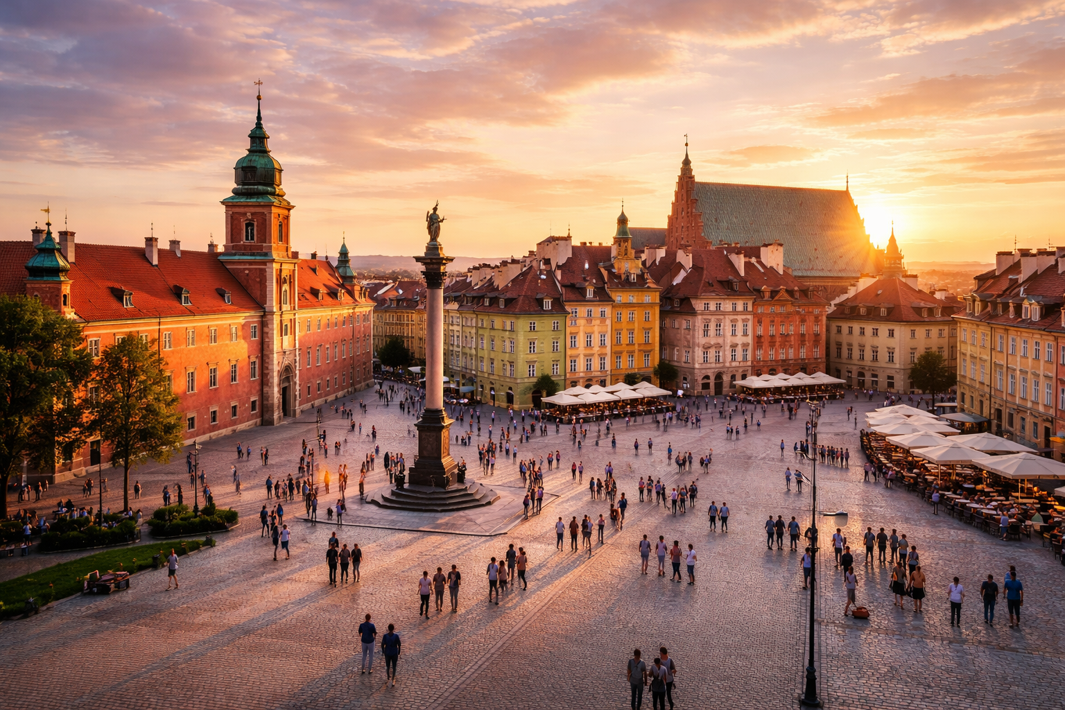 المدينة القديمة في وارسو مع القلعة الملكية وعمود سيغيسموند والمنازل التاريخية