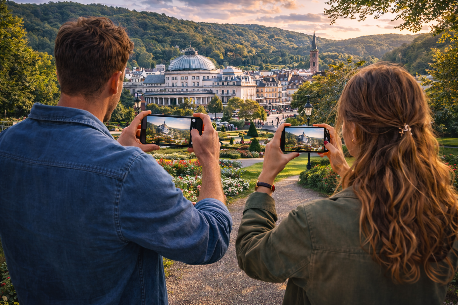 Viaggiatori nella città termale di Spa usano smartphone con internet eSIM