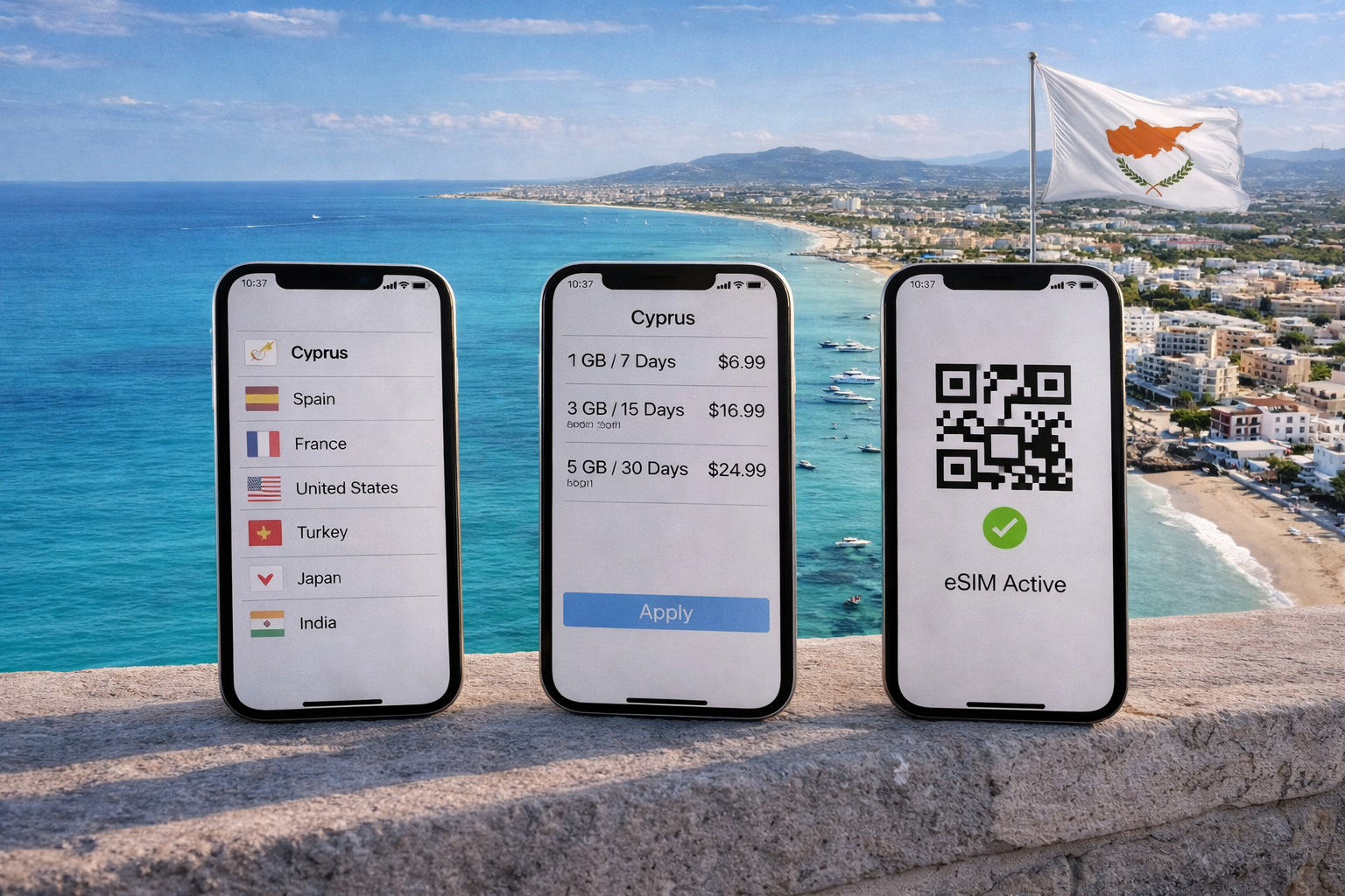 Tariffe eSIM per Cipro su smartphone con attivazione tramite QR e internet mobile sullo sfondo di una spiaggia, mare turchese e costa di Larnaca.