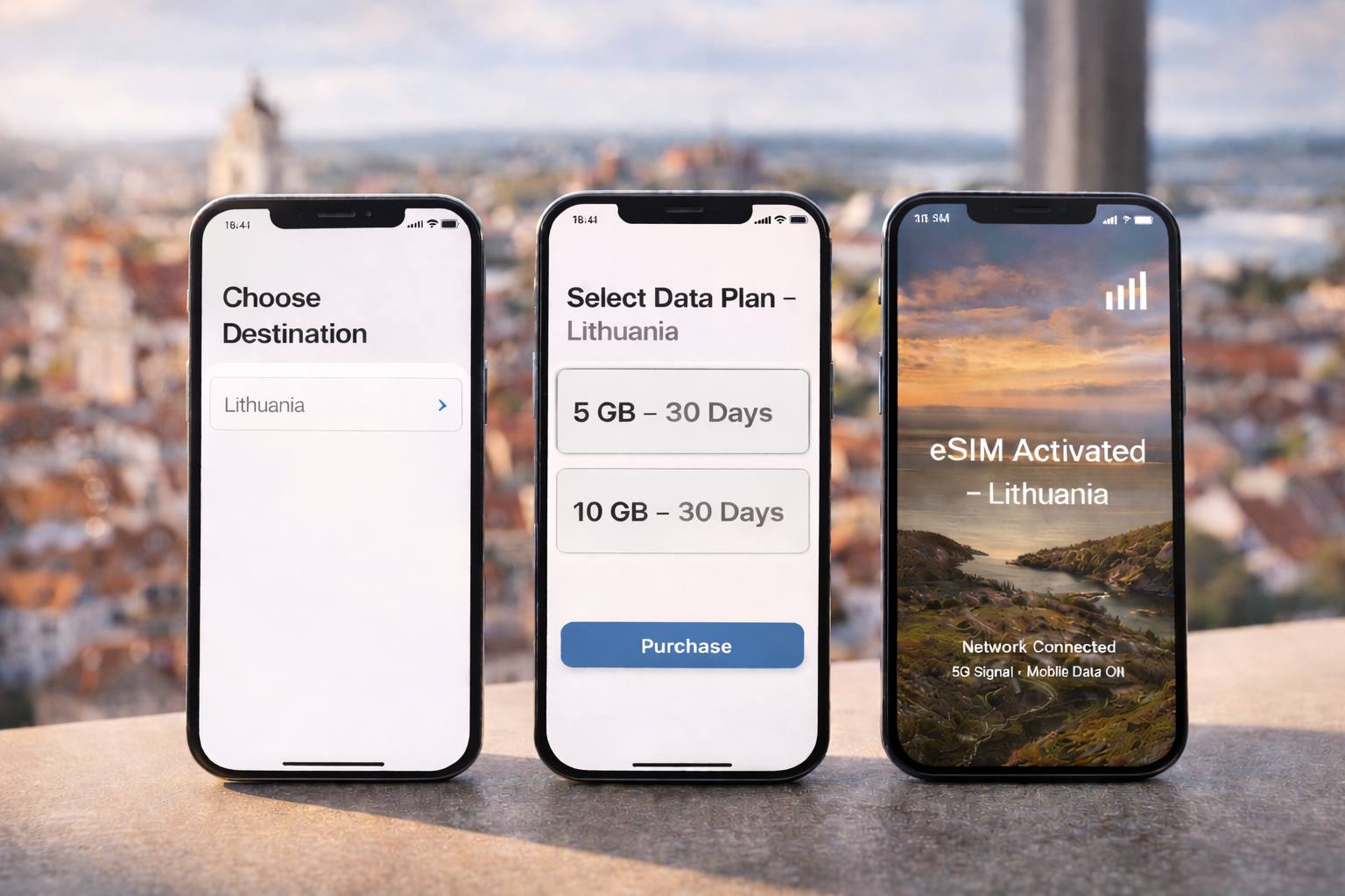Step-by-step eSIM setup for Lithuania on a smartphone — choosing the country, plan, and successful activation.