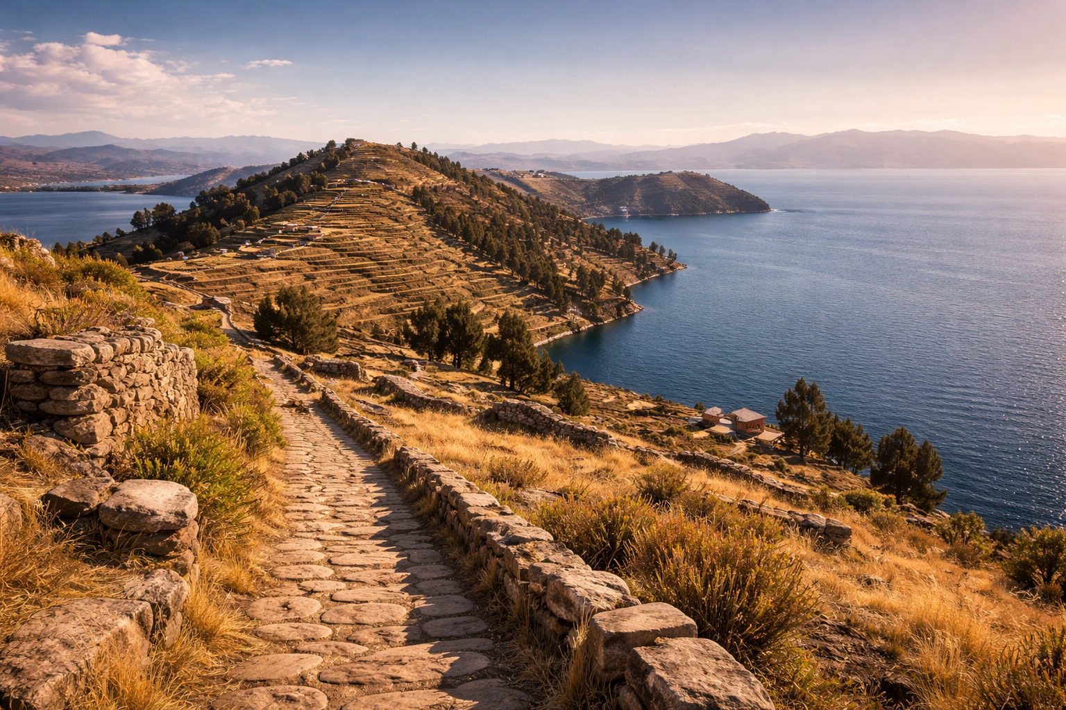 אי השמש בבוליביה עם נוף גבעות, שבילי אבן, אגם טיטיקקה ואור חזק של הגובה.