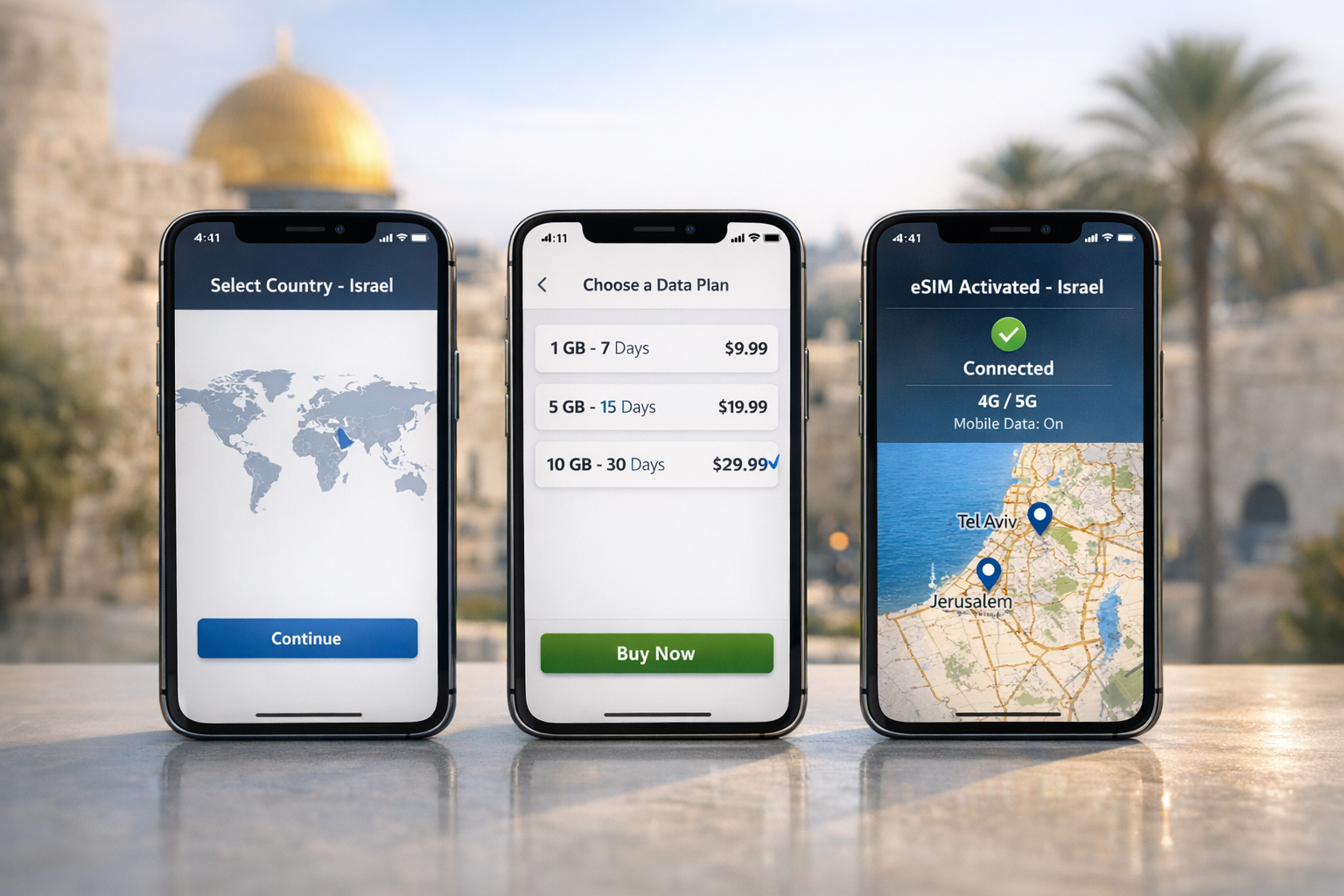 The process of connecting an eSIM for Israel on three smartphones — choosing the country, choosing a plan, and successful internet activation