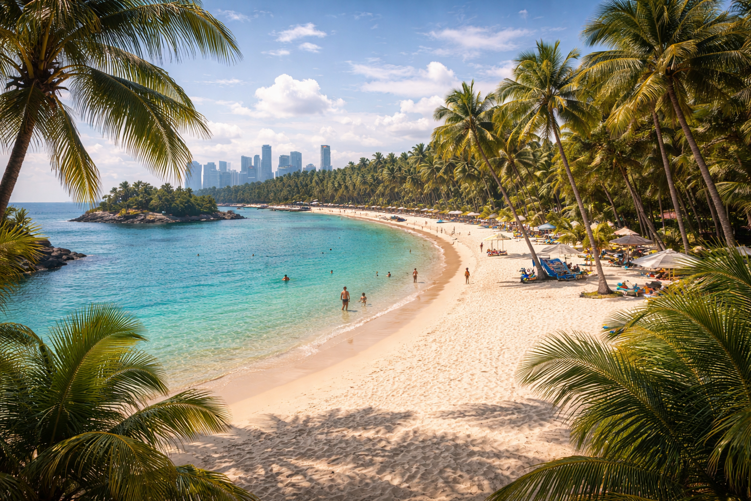 Sentosa Island beach with palm trees and the sea.