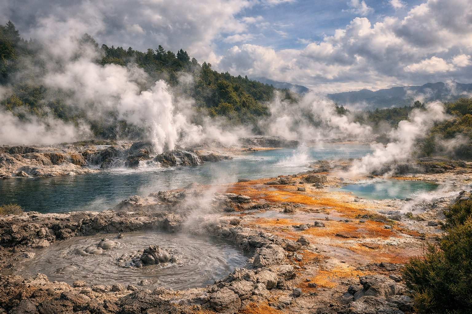 Rotorua ģeotermālā zona ar geizeriem un tvaiku