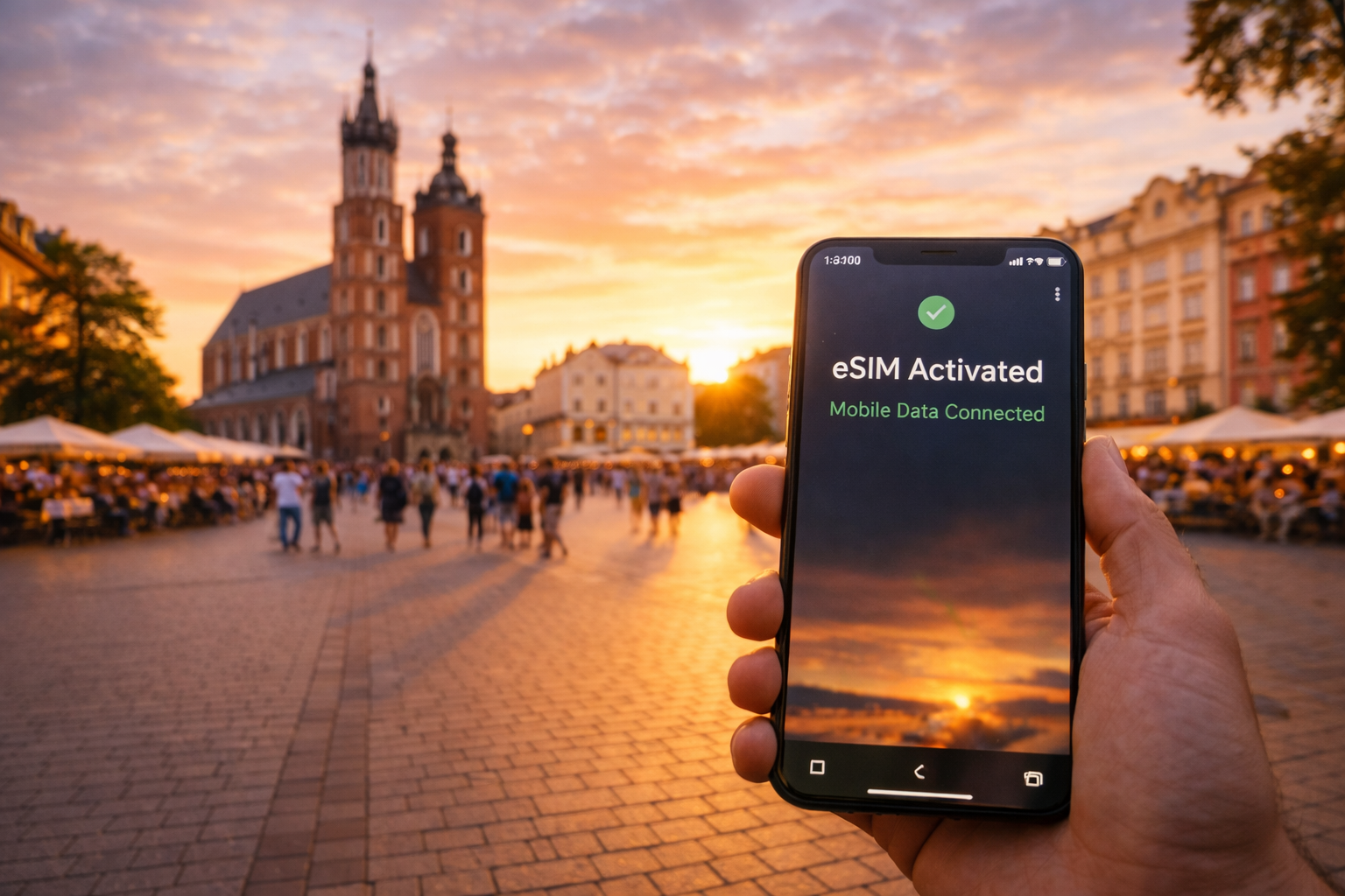 هاتف ذكي مع eSIM مفعّلة على خلفية المركز التاريخي لكراكوف في بولندا