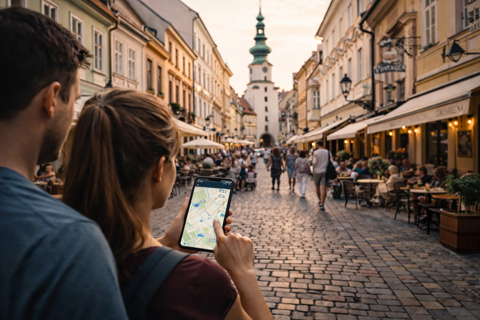 סמטאות מלאות אווירה בעיר העתיקה של ברטיסלבה עם מבנים היסטוריים, בתי קפה נעימים ותחושת טיול נוח עם eSIM וניווט נייד