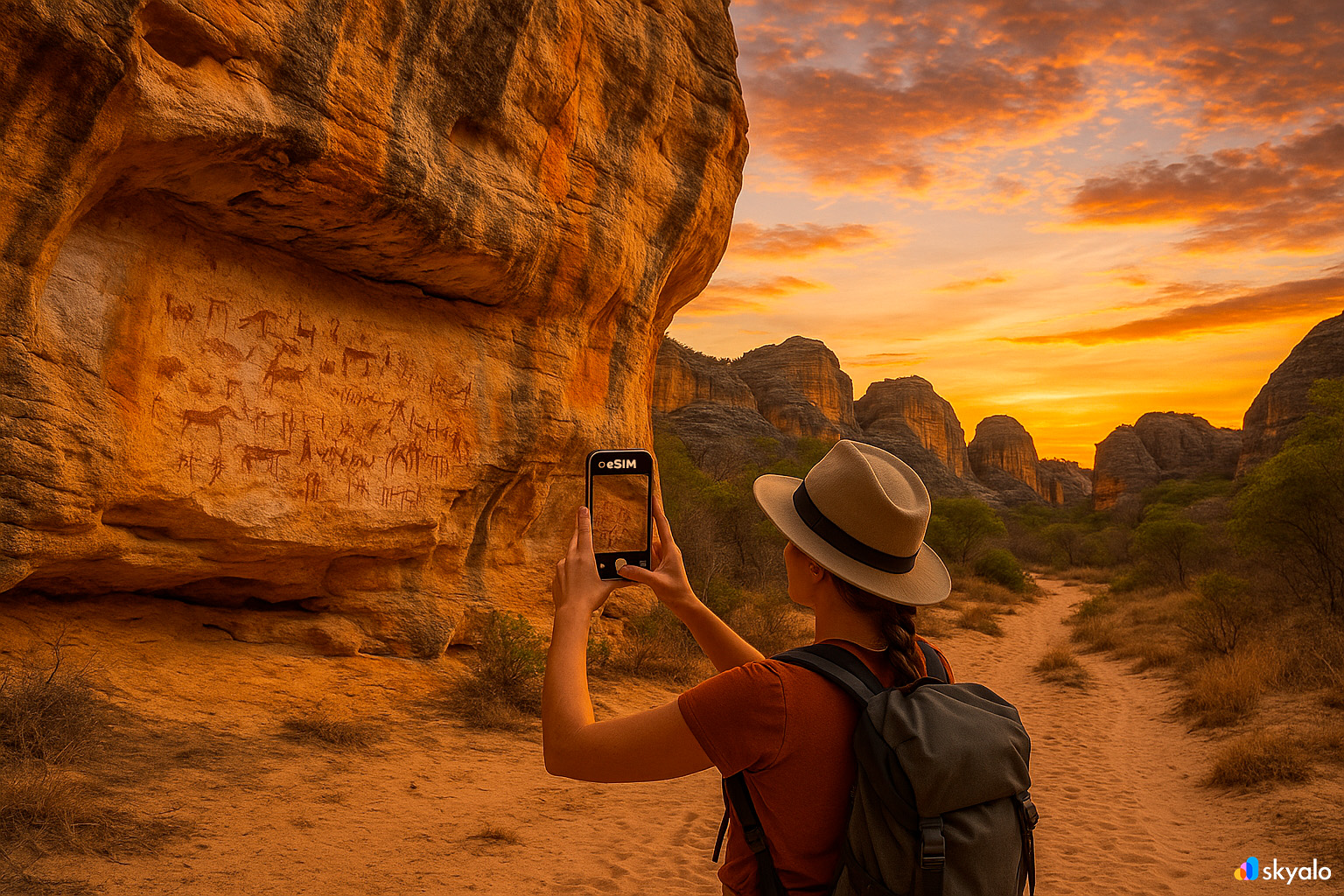 Tourist photographing ancient rock paintings in Serra da Capivara, sharing via Skyalo eSIM