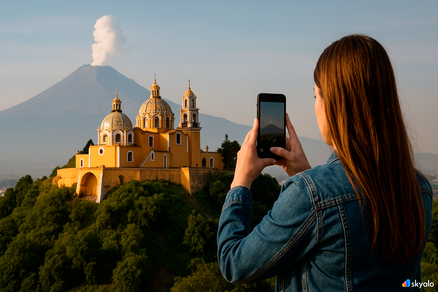 Hill of Cholula with its church; Popo on the horizon and Puebla’s colorful façades