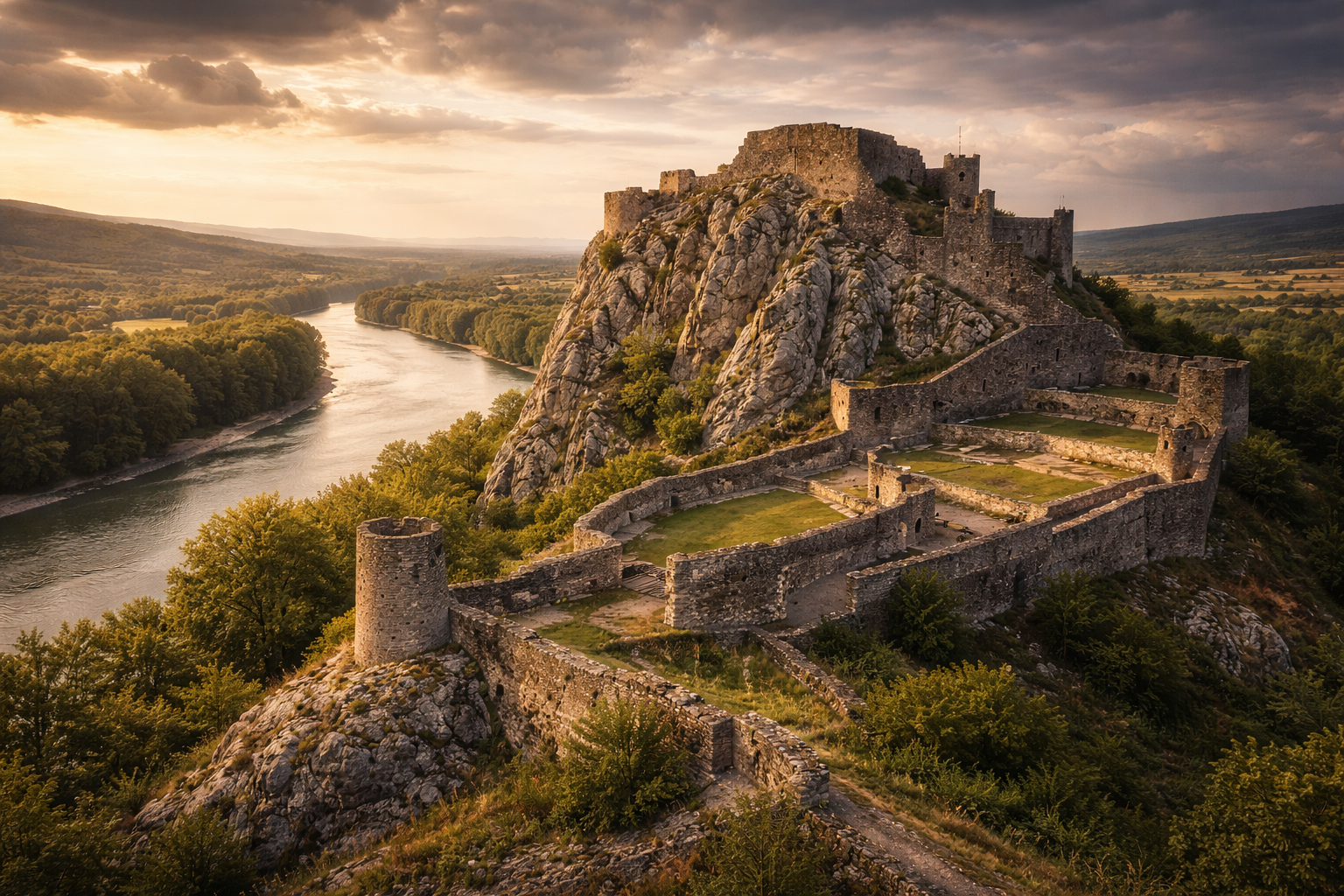 הריסות טירת דבין על צוק גבוה מעל מפגש הנהרות עם נופים פנורמיים רחבים ואווירה דרמטית