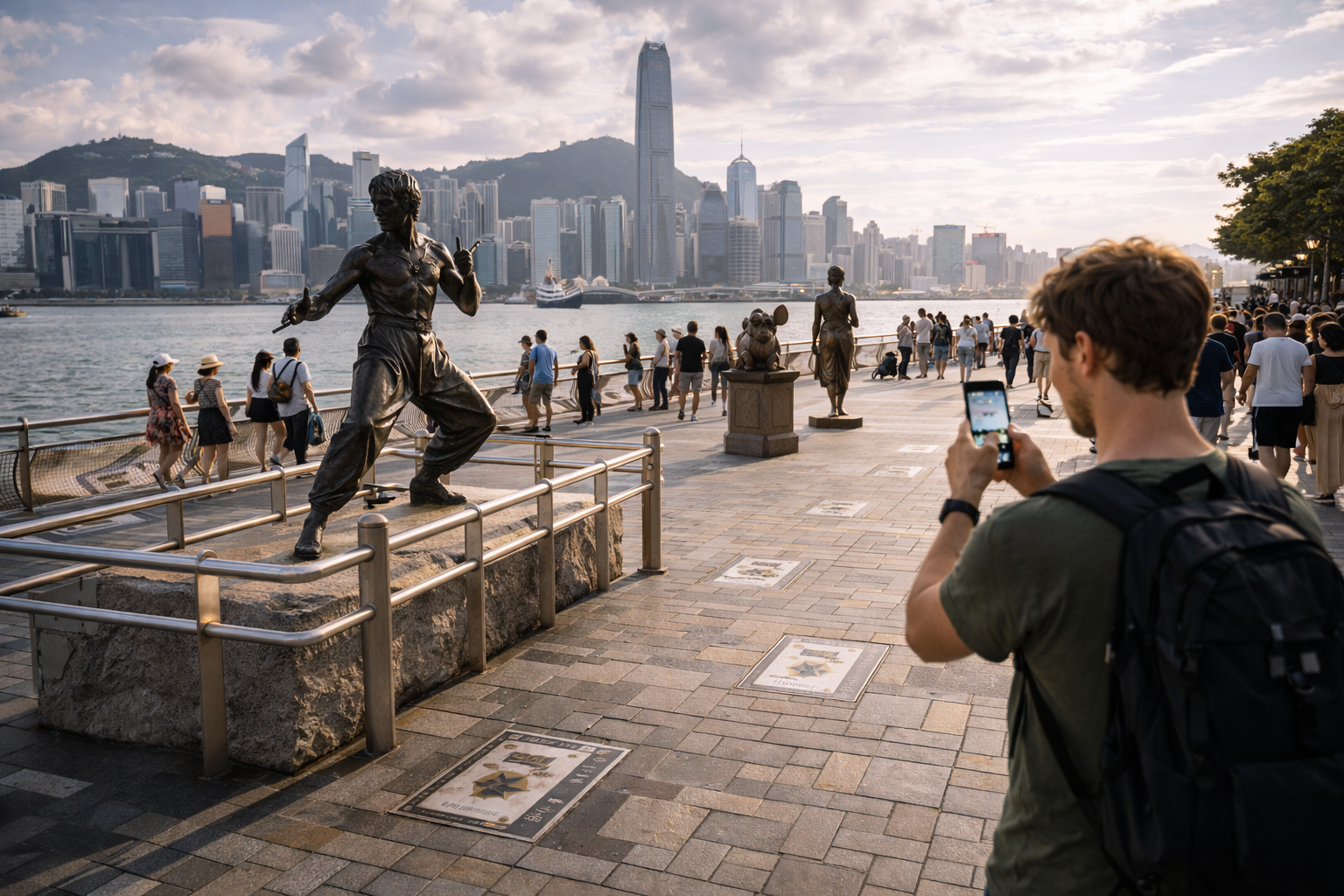 Avenue of Stars with bronze statues on Hong Kong’s waterfront.