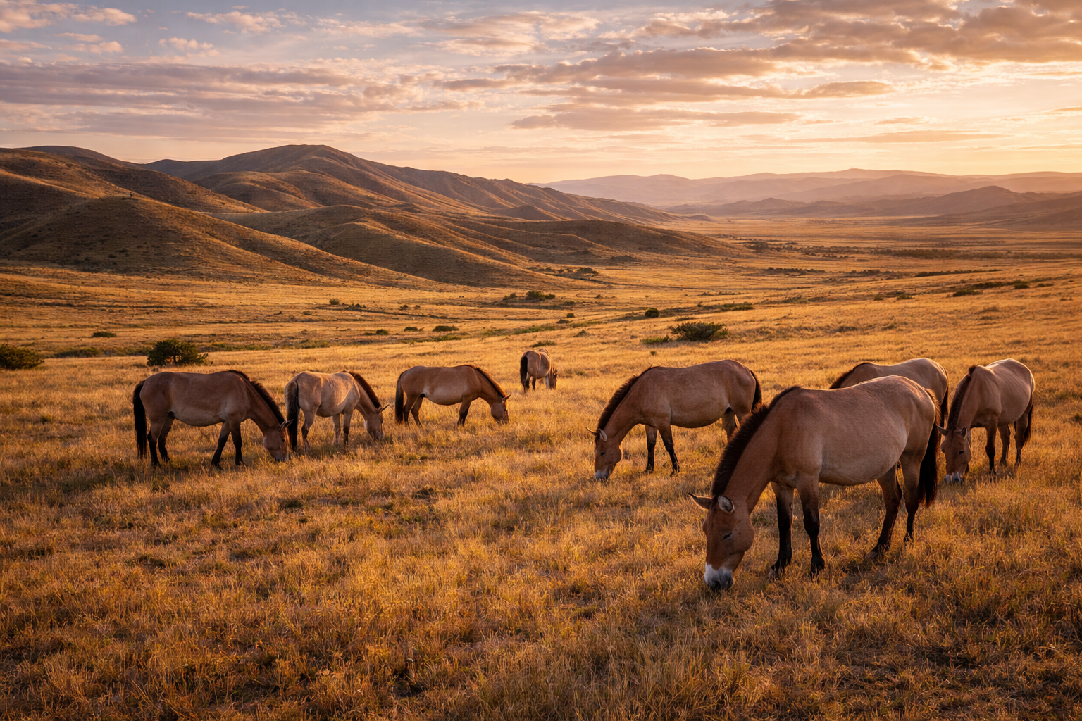 Khustain Nuruu con caballos salvajes, grandes extensiones de estepa, colinas suaves y el amplio cielo mongol