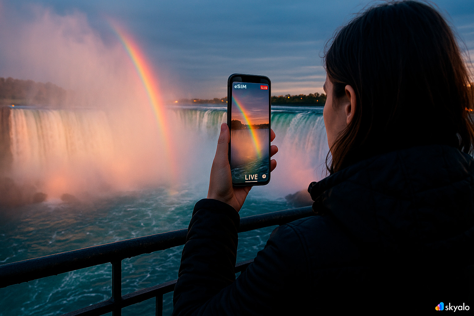Tourist live-streaming at Niagara Falls promenade; eSIM by Skyalo, rainbow mist and city lights above roaring cascades