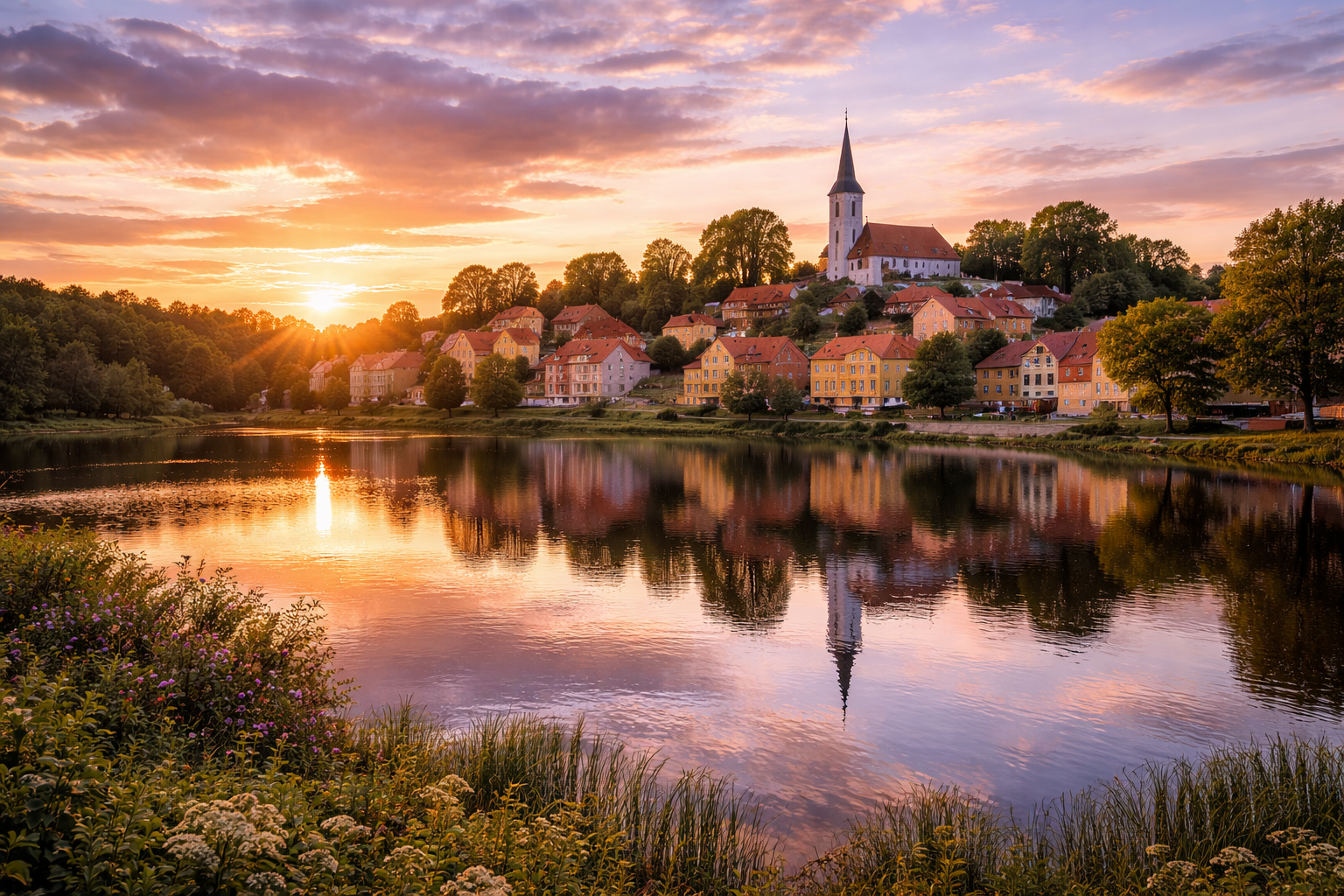 The town of Talsi and the lake in the city center