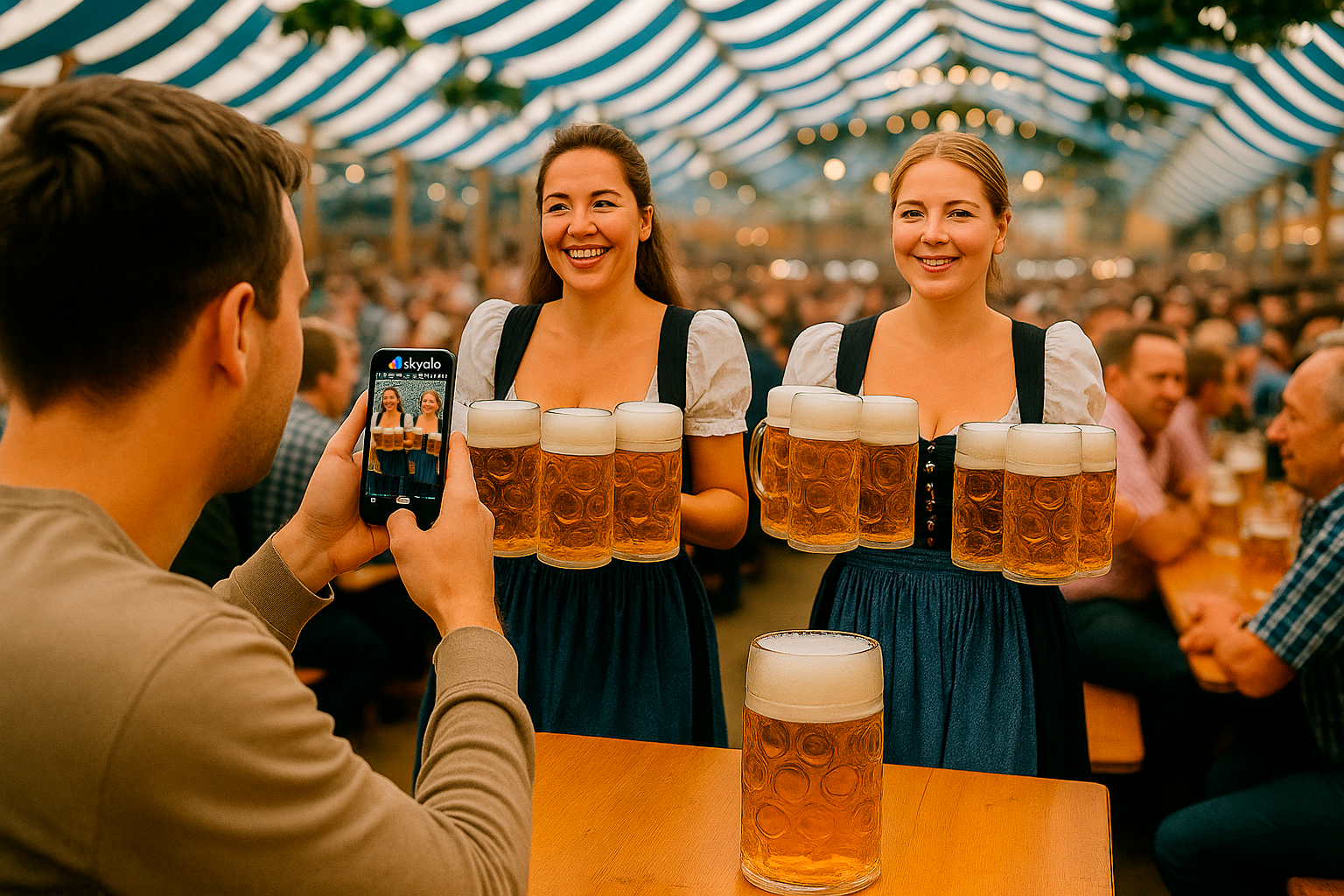 Oktoberfest in Munich; a guy filming the festival on a smartphone with an eSIM from Skyalo