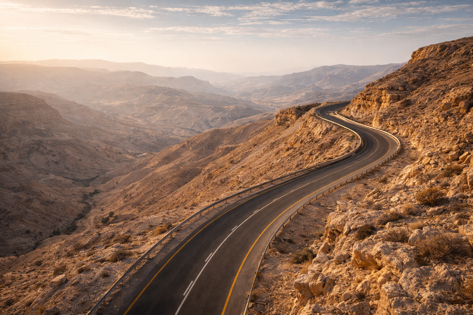 ראס אל-נאקב בירדן - מעבר הרים ציורי עם כביש בין פנורמות מדבר ושמיים פתוחים