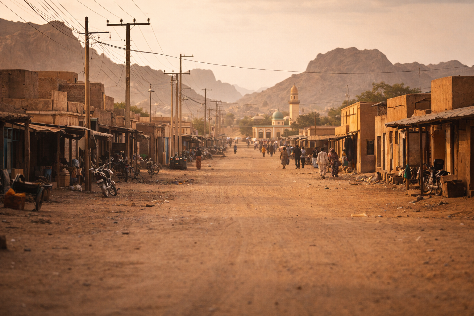 העיר מונגו עם רחובות וחיי יום-יום ברקע