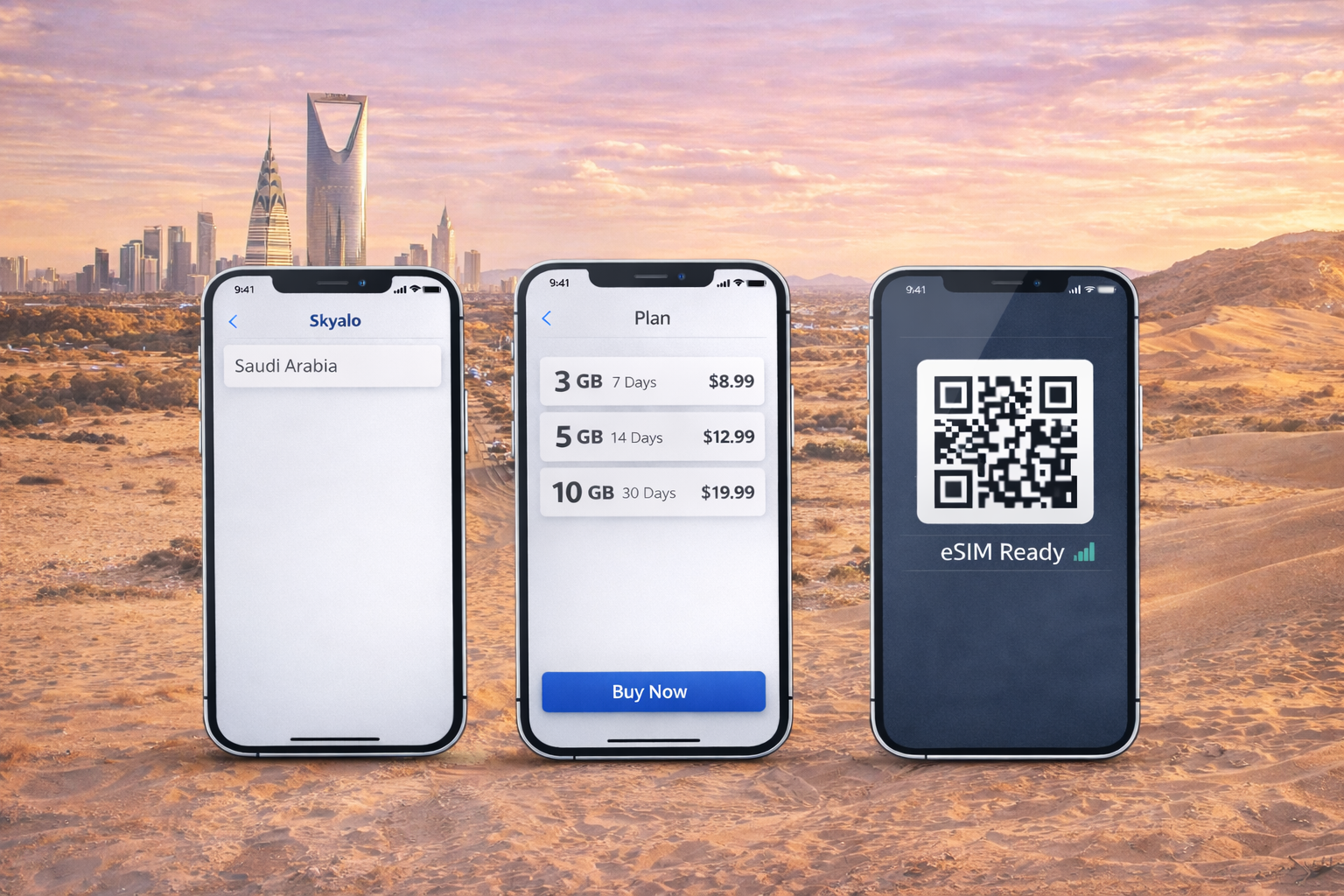 Smartfóny s eSIM pre Saudskú Arábiu na pozadí púštnej krajiny a skyline Rijádu pri západe slnka