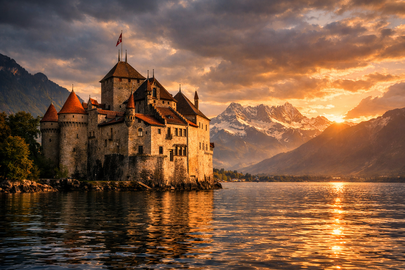 Średniowieczny zamek Chillon nad Jeziorem Genewskim