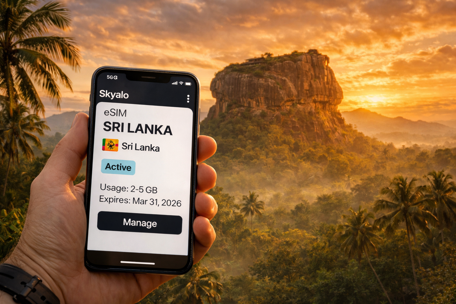 A smartphone with an activated eSIM for Sri Lanka against the backdrop of Sigiriya Rock and tropical jungle.