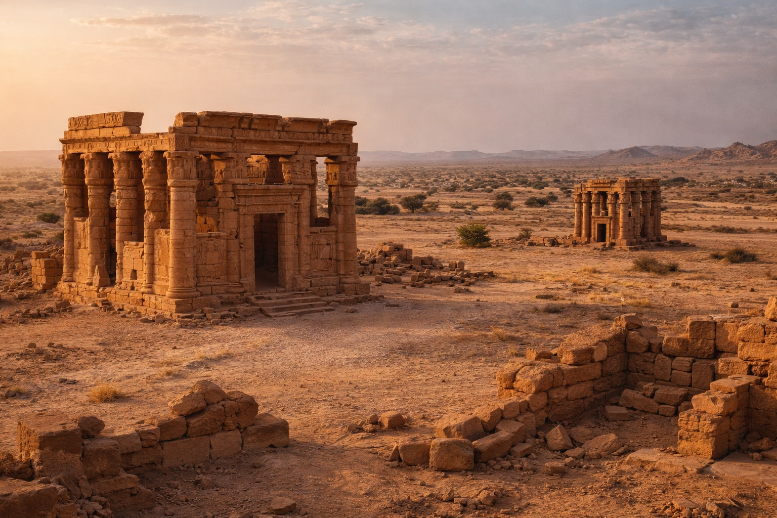 חורבות המרכז הדתי הקדום נאקה בסודן עם אדריכלות מקדש, רקע חצי־מדברי ואור חמים.