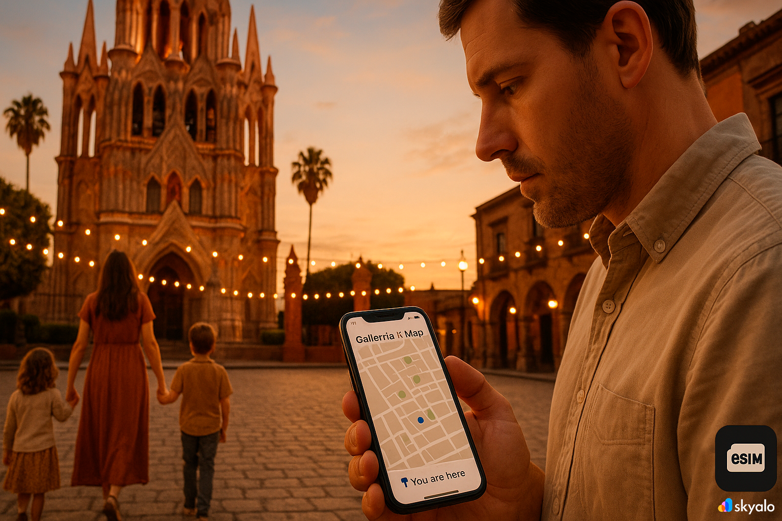 Family gallery-hopping in San Miguel de Allende; gallery map on phone via Skyalo eSIM, cobblestones and plaza lights