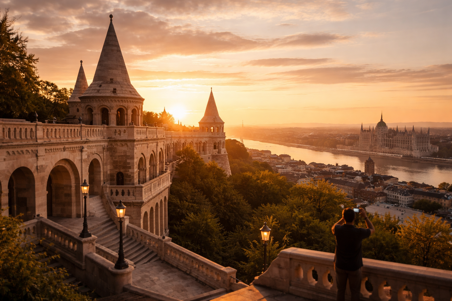 נוף פנורמי ממצודת הדייגים עם תיירים ברקע