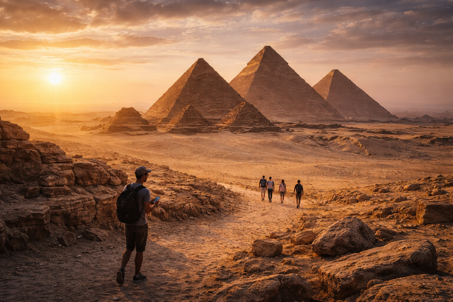 The Pyramids of Giza in Egypt at sunrise and tourists against the desert backdrop — traveling in Egypt with eSIM internet