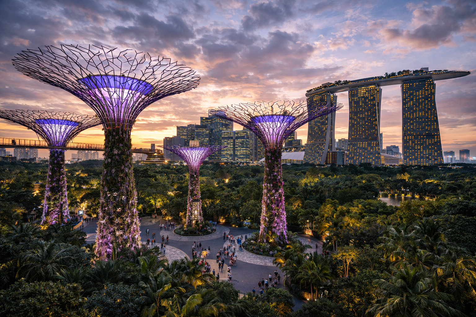 Futuristic Supertree structures in the Gardens by the Bay gardens.