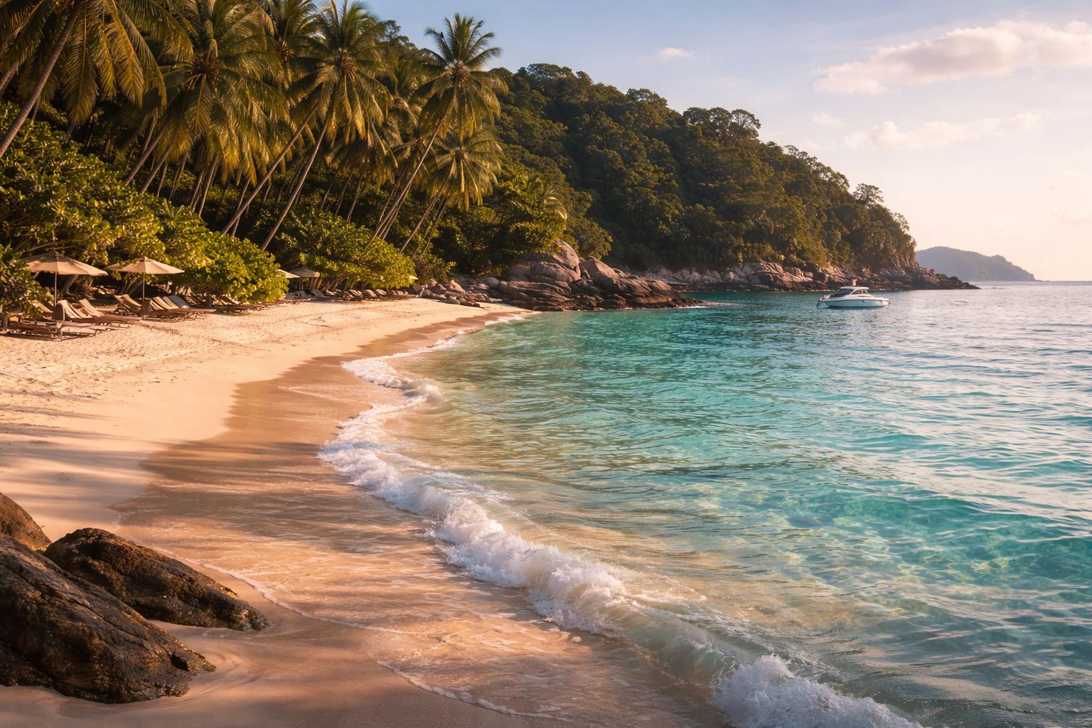 Остров Пулау Капас с прозрачной водой, мягким песком, зелёными пальмами и атмосферой тихого уединённого отдыха