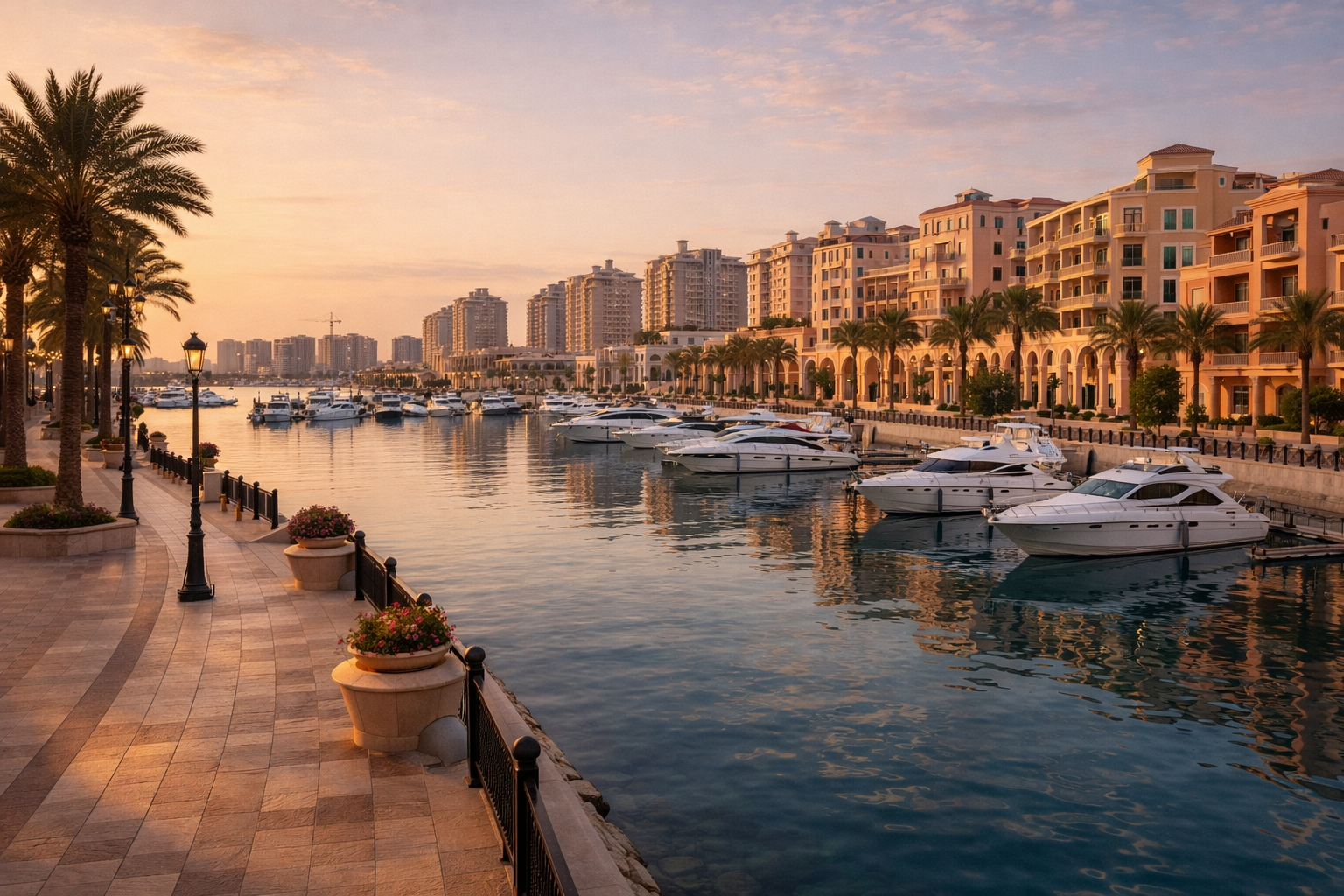 המרינה היוקרתית של הפנינה של קטאר עם יאכטות, דקלים ואדריכלות אלגנטית