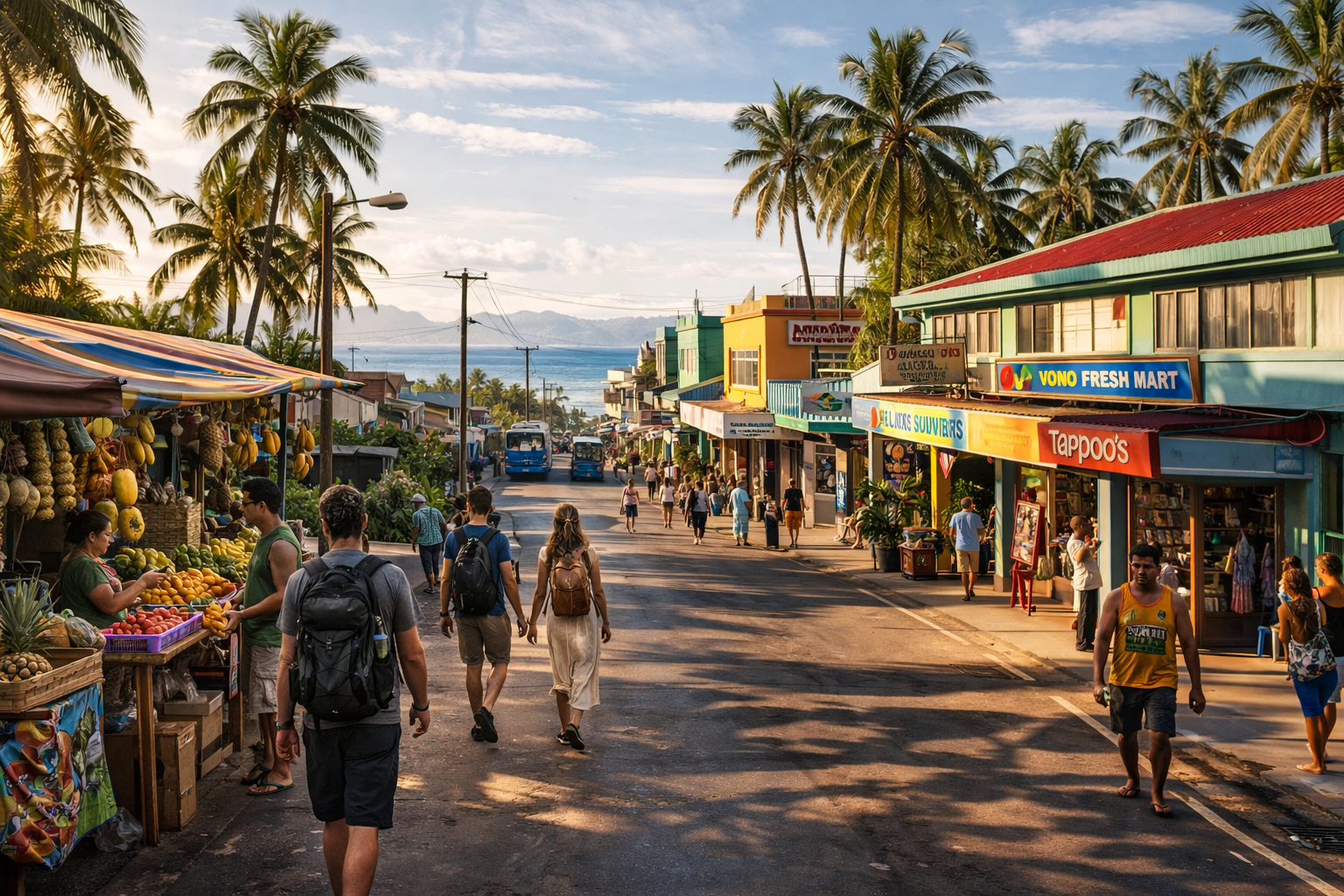 Nadi na Fidži s tropickými ulicemi, palmami, trhy a atmosférou ostrovního města u oceánu