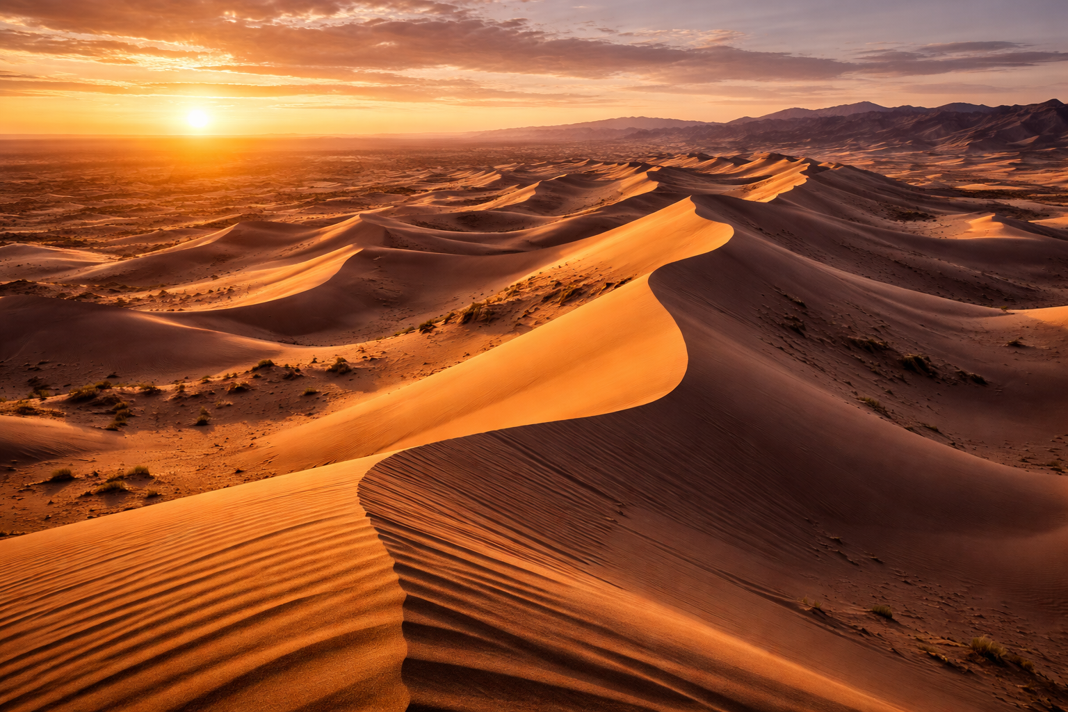 Khongoryn Els en Mongolia con enormes dunas de arena, ondas doradas de arena, sombras profundas y la atmósfera del remoto desierto del Gobi