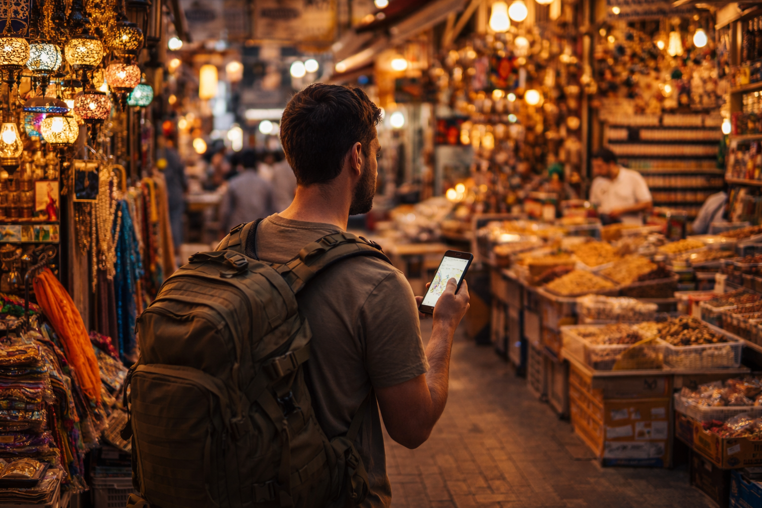 מטייל בשוק מנאמה משתמש בסמארטפון כדי לחפש מקומות ולהתמצא