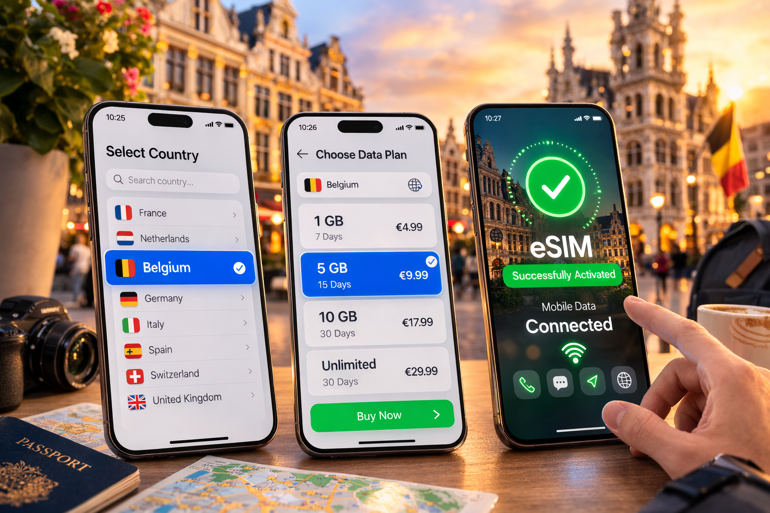 Attivazione eSIM passo dopo passo su tre smartphone: selezione del Paese, scelta della tariffa e attivazione internet riuscita