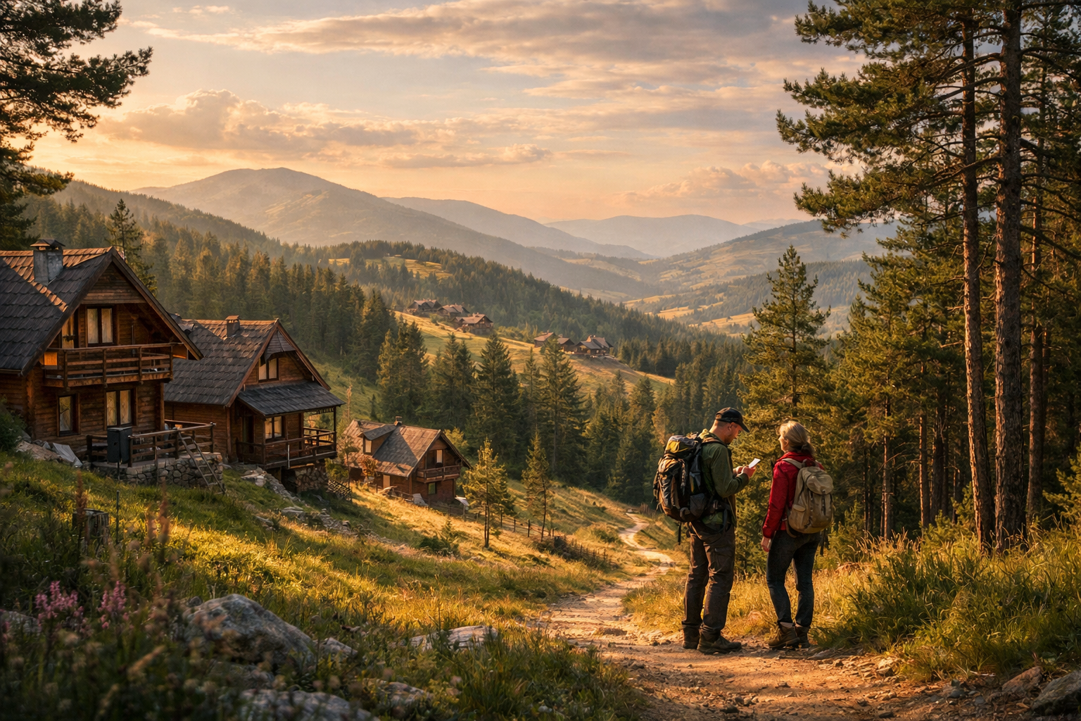 Zlatibor mountain resort in Serbia with forests, mountain trails, and tourists out for a walk.