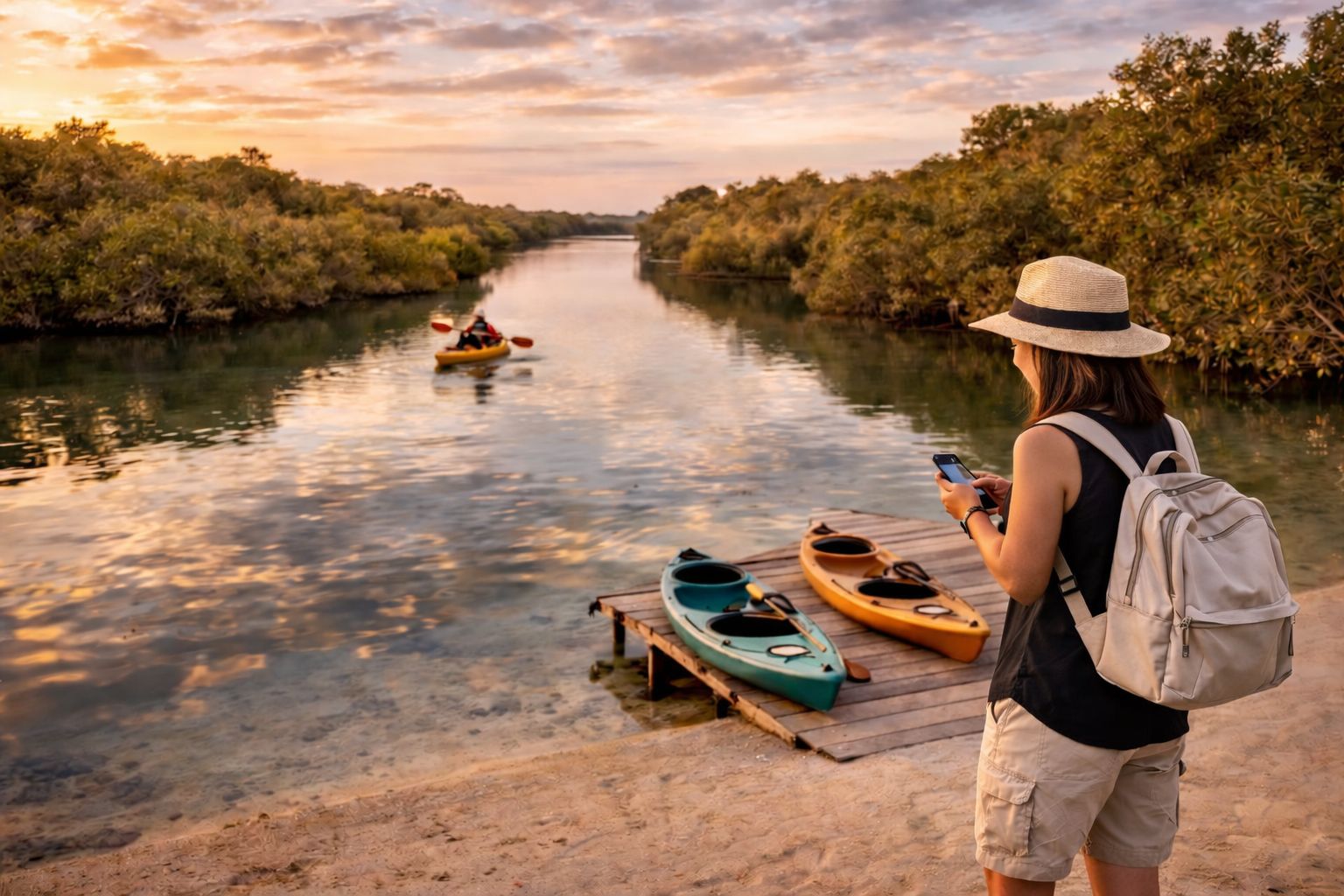 יערות המנגרובים של אל-ת'חירה בקטאר עם תעלות מים שקטות, טבע ירוק, השתקפויות על המים ומטייל עם סמארטפון שמשתמש ב-eSIM לפני יציאה למסלול טבע