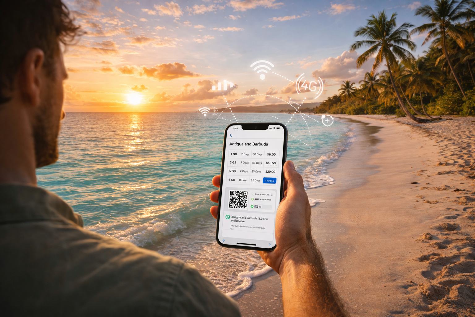 Sunrise in Antigua and Barbuda with a traveler by the ocean activating an eSIM on a smartphone