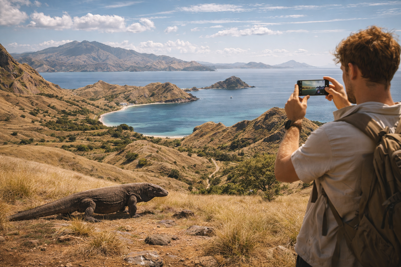 Komodo National Park and a tourist with a smartphone