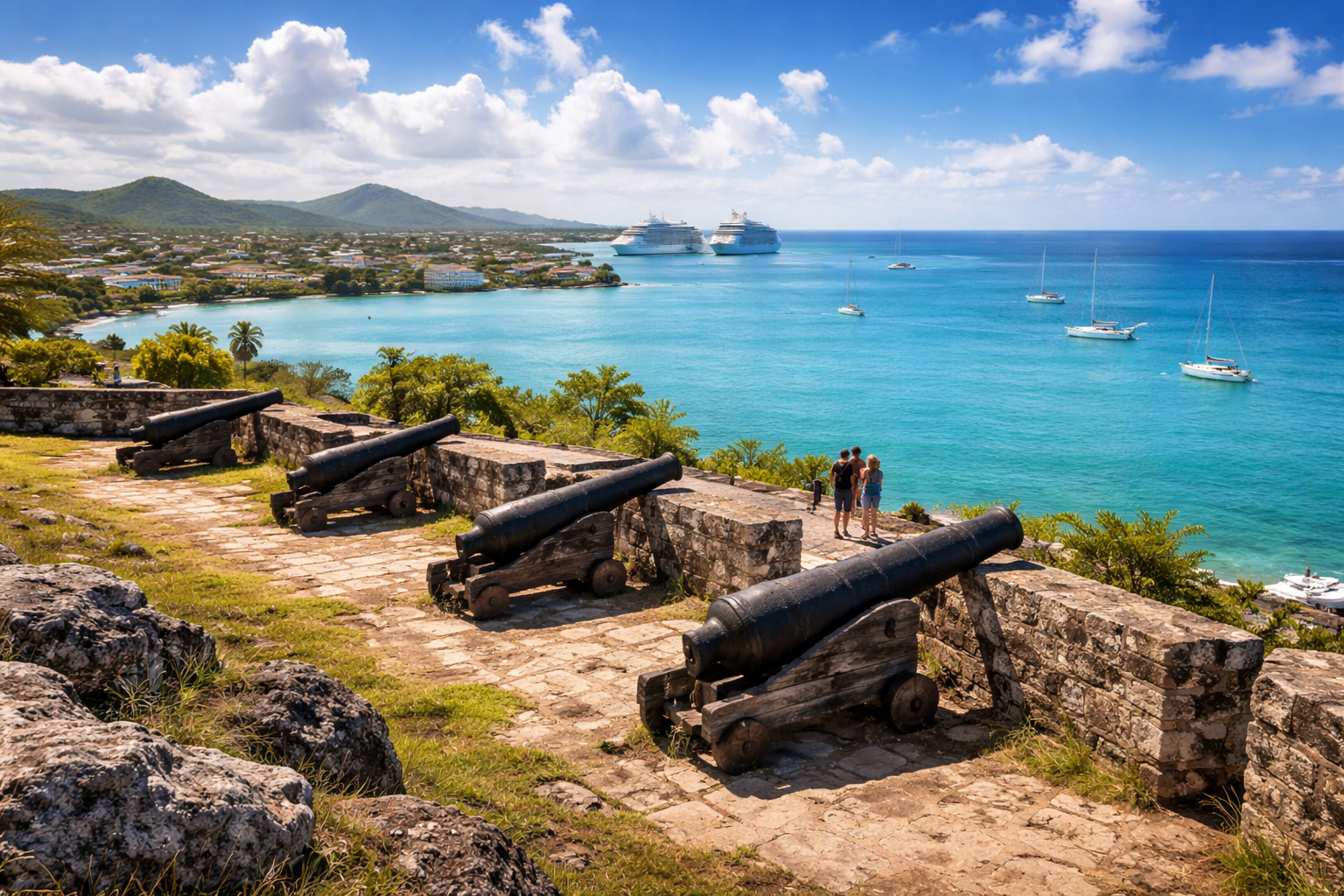 Fort James above Antigua’s harbor with travelers using eSIM mobile internet