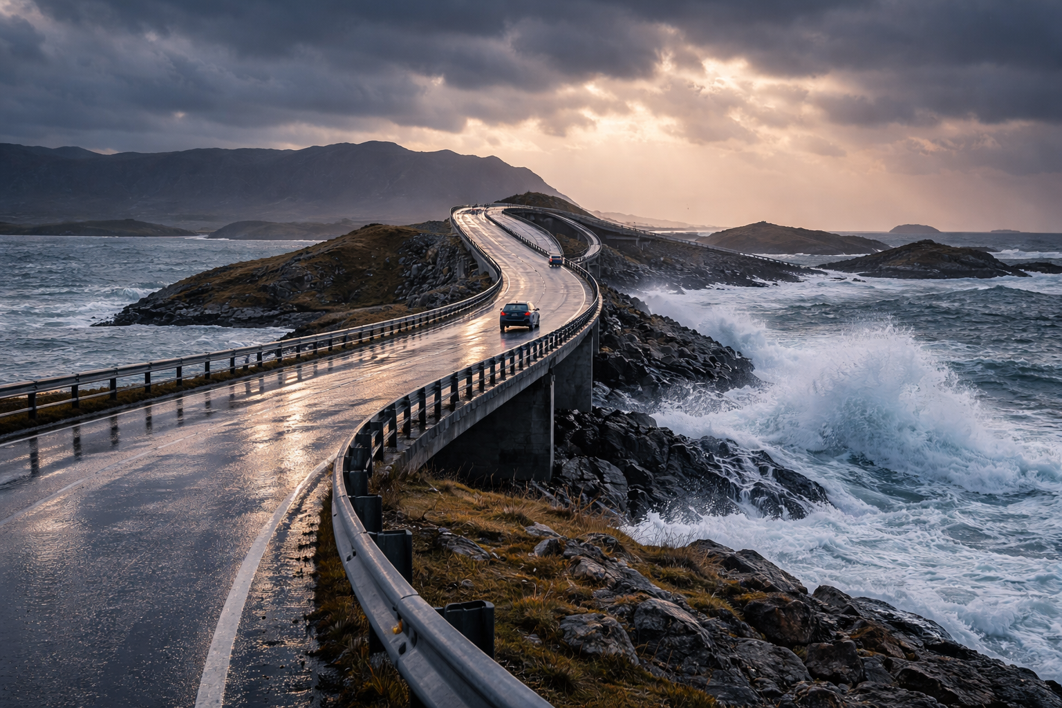 Norway’s Atlantic Ocean Road – a winding bridge over the ocean during a storm