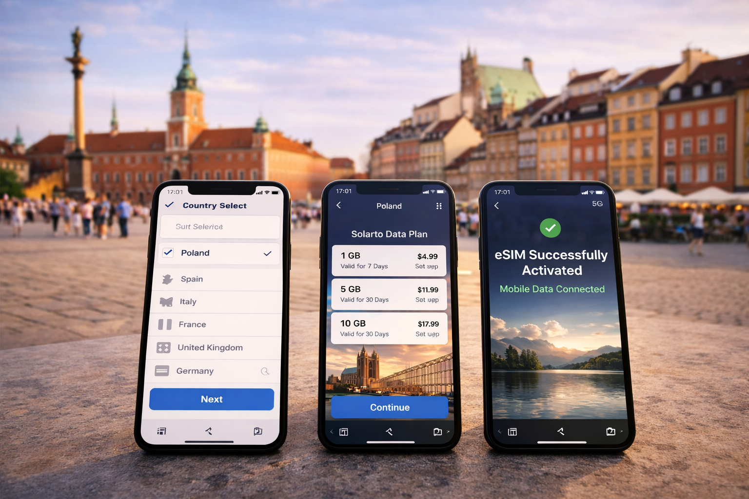 تفعيل eSIM لبولندا خطوة بخطوة على ثلاثة هواتف ذكية - اختيار الدولة، اختيار الباقة والتفعيل الناجح