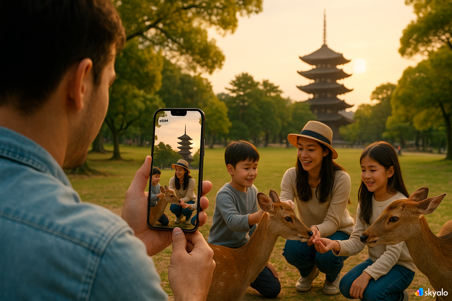Family in Nara Park feeding deer; smartphone with eSIM active, pagoda in the background