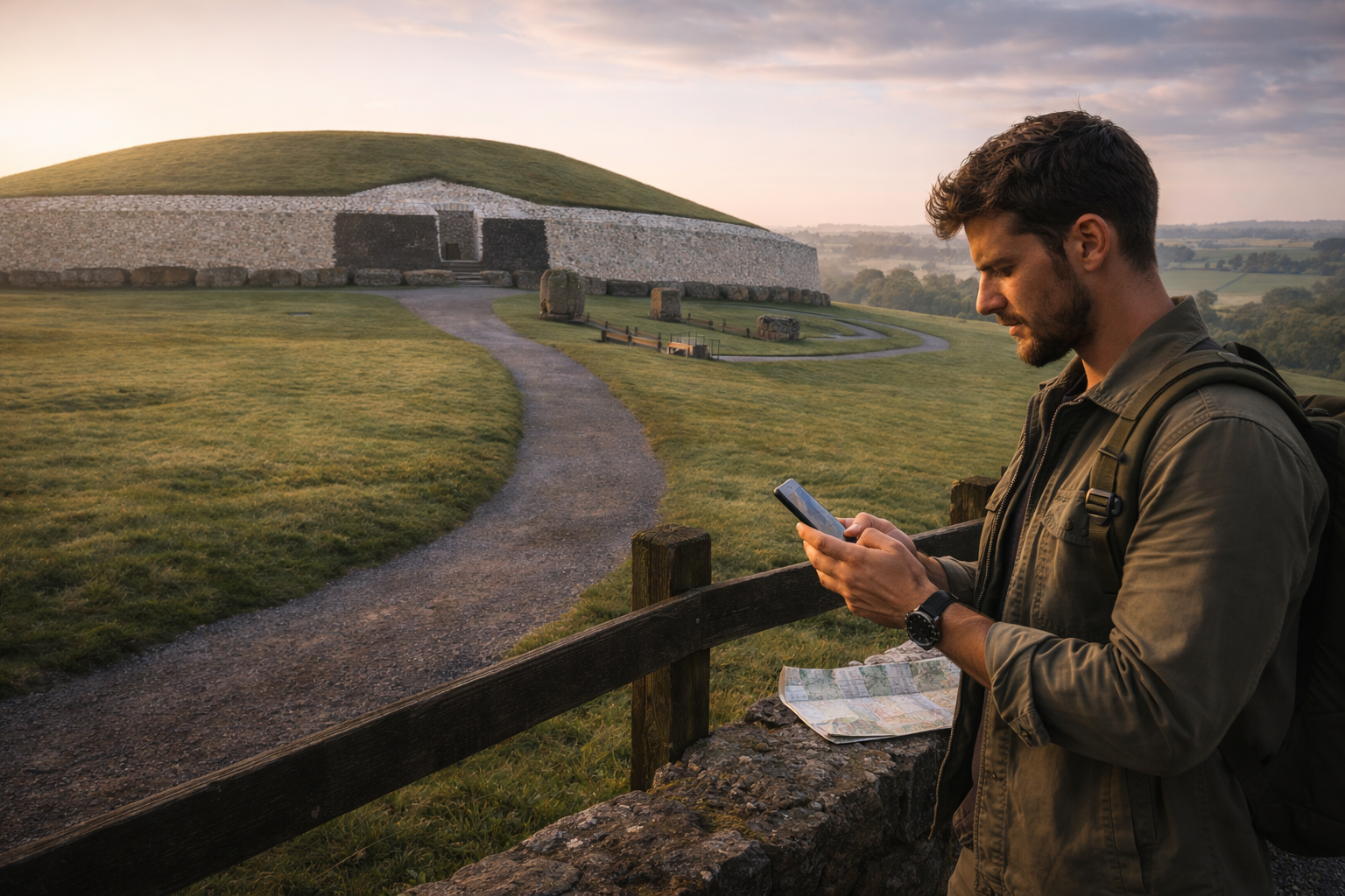 בראו-נה-בוין וניוגריינג' באירלנד עם תל עתיק, נוף ירוק ואווירה של אתר פרה-היסטורי.