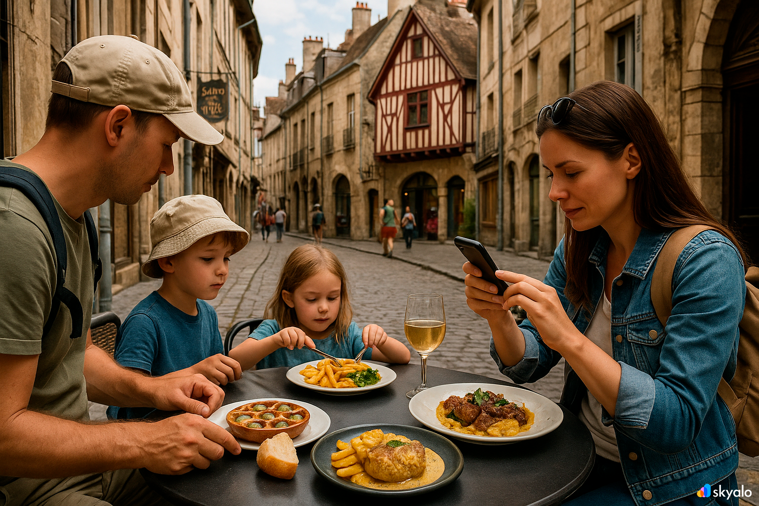 Historic Dijon center with a family dining outdoors