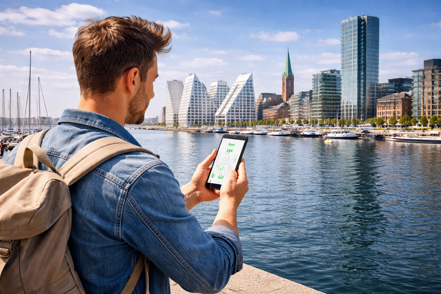Aarhus city and a traveler using an eSIM on the waterfront