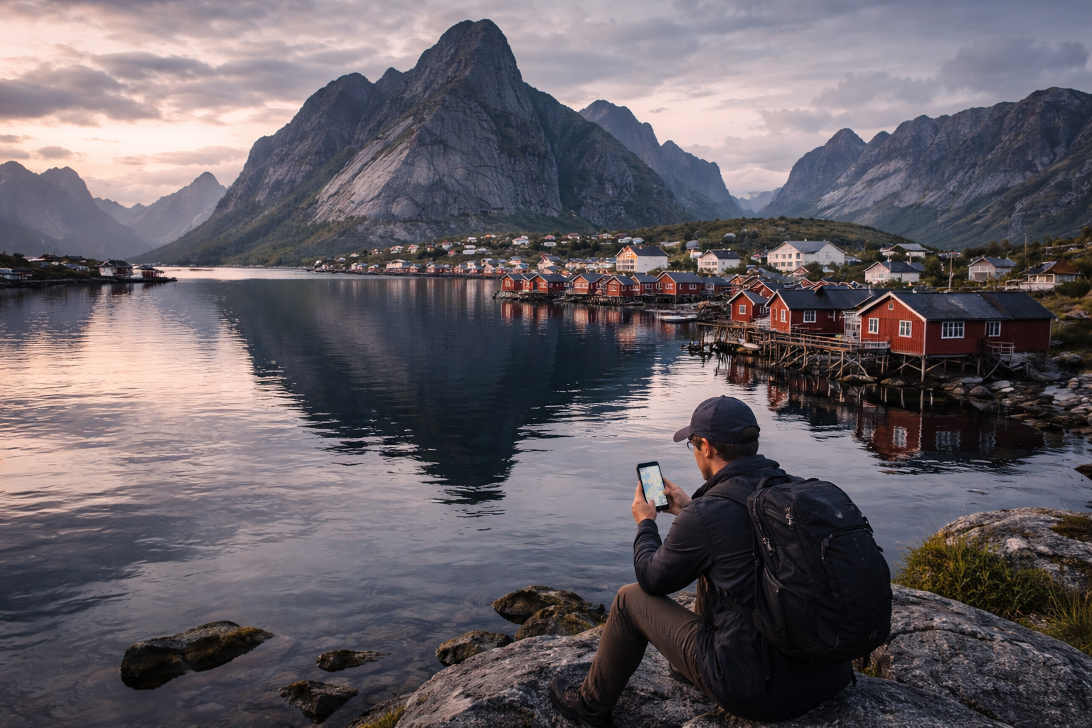 Reine village in the Lofoten Islands – red houses by the fjord and mountains