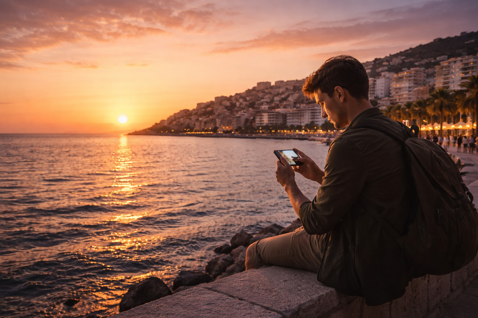 Sunset over the Ionian Sea in Sarandë, Albania